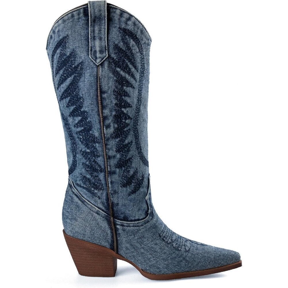 Women's Blue Retro Embroidered Western Pointed Toe Pull on Chunky Heels Boots
